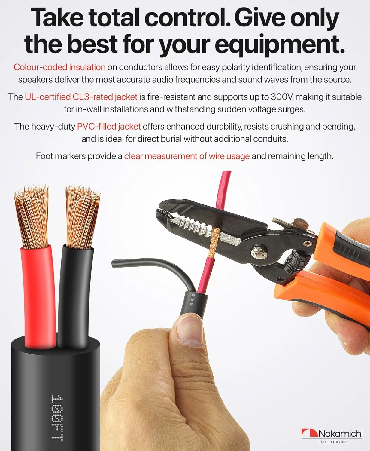 Nakamichi 14/2 (100-Foot) in-Wall & Direct Burial (UL CL2 CL3 Rated) Oxygen-Free Copper (OFC) 2-Conductor Speaker Cable Wire, Outdoor In-Ground, in-Ceiling, Riser, Black (14AWG / 100ft / 30.48m)