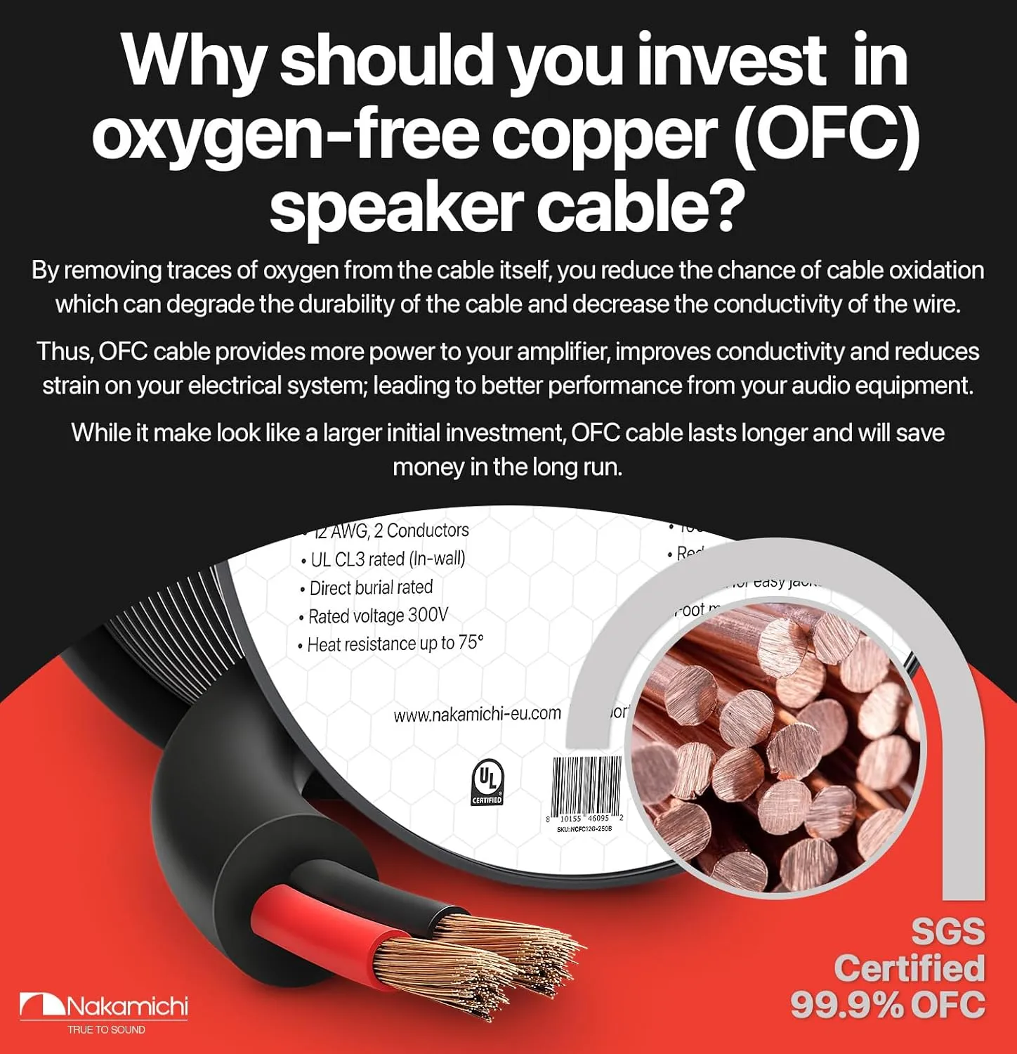 Nakamichi 14/2 (100-Foot) in-Wall & Direct Burial (UL CL2 CL3 Rated) Oxygen-Free Copper (OFC) 2-Conductor Speaker Cable Wire, Outdoor In-Ground, in-Ceiling, Riser, Black (14AWG / 100ft / 30.48m)