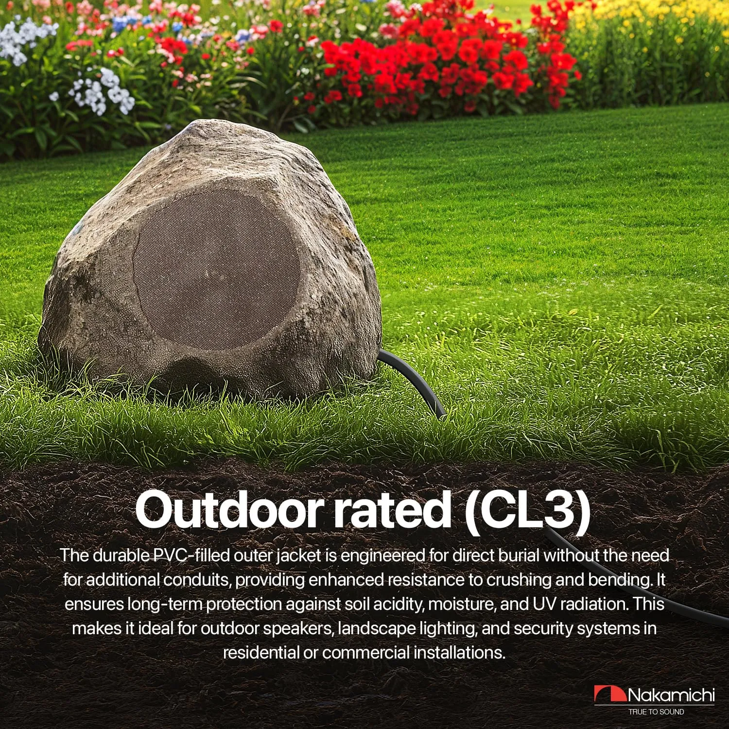Nakamichi 14/2 (100-Foot) in-Wall & Direct Burial (UL CL2 CL3 Rated) Oxygen-Free Copper (OFC) 2-Conductor Speaker Cable Wire, Outdoor In-Ground, in-Ceiling, Riser, Black (14AWG / 100ft / 30.48m)