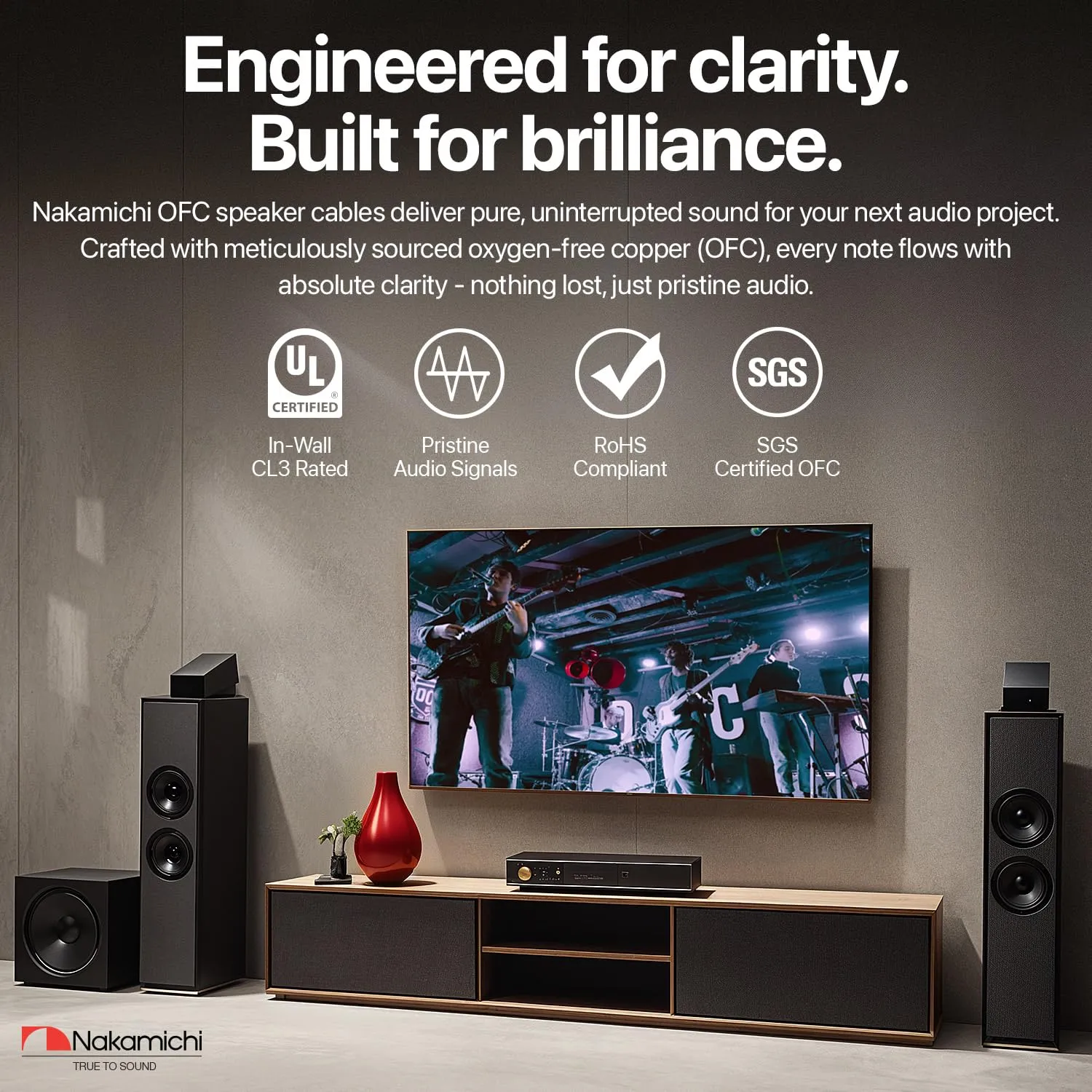 Nakamichi 14/2 (100-Foot) in-Wall & Direct Burial (UL CL2 CL3 Rated) Oxygen-Free Copper (OFC) 2-Conductor Speaker Cable Wire, Outdoor In-Ground, in-Ceiling, Riser, Black (14AWG / 100ft / 30.48m)