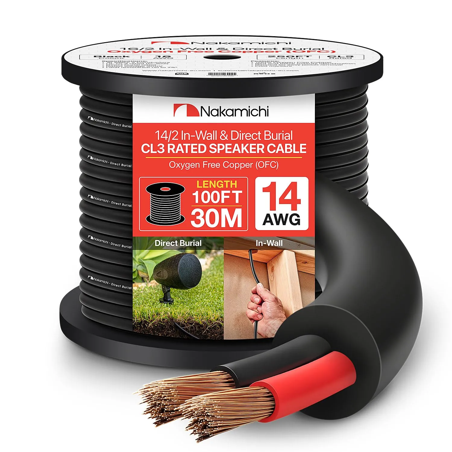Nakamichi 14/2 (100-Foot) in-Wall & Direct Burial (UL CL2 CL3 Rated) Oxygen-Free Copper (OFC) 2-Conductor Speaker Cable Wire, Outdoor In-Ground, in-Ceiling, Riser, Black (14AWG / 100ft / 30.48m)