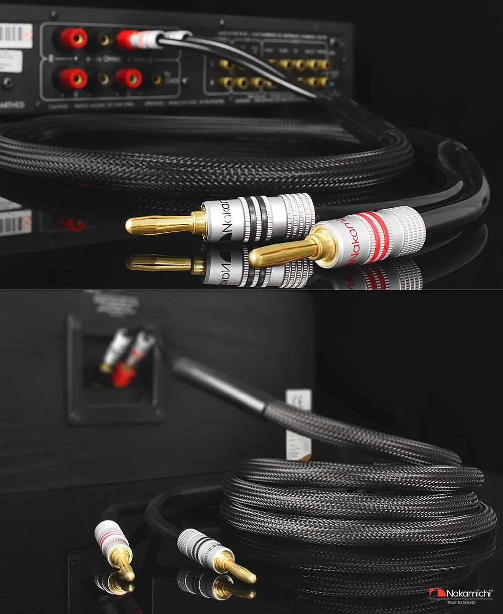 Nakamichi Excel Series 24k Gold Plated Banana Plug with (6 Feet) 12AWG Speaker Cable Wire 99.9% Oxygen-Free Copper (OFC) Heavy Duty Braided for Amplifier Hi-Fi Home Theatre - Black (6ft/1.8m)