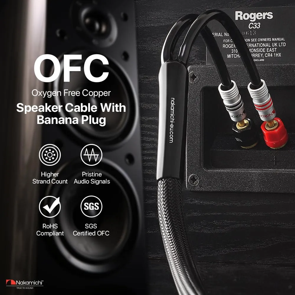 Nakamichi Excel Series 24k Gold Plated Banana Plug with (6 Feet) 12AWG Speaker Cable Wire 99.9% Oxygen-Free Copper (OFC) Heavy Duty Braided for Amplifier Hi-Fi Home Theatre - Black (6ft/1.8m)