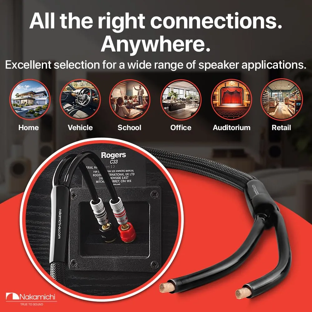Nakamichi Excel Series 24k Gold Plated Banana Plug with (6 Feet) 12AWG Speaker Cable Wire 99.9% Oxygen-Free Copper (OFC) Heavy Duty Braided for Amplifier Hi-Fi Home Theatre - Black (6ft/1.8m)