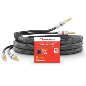 Nakamichi Excel Series 24k Gold Plated Banana Plug with (6 Feet) 12AWG Speaker Cable Wire 99.9% Oxygen-Free Copper (OFC) Heavy Duty Braided for Amplifier Hi-Fi Home Theatre - Black (6ft/1.8m)