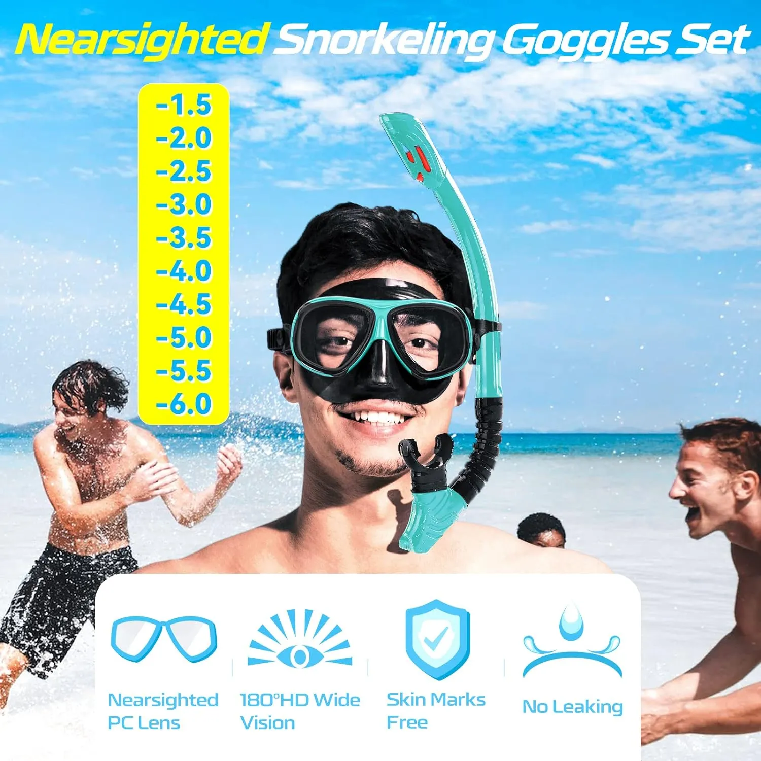 Nearsighted Snorkel Gear, Nearsighted Dry Snorkel Mask Set for Adult Youth, Nearsighted Anti Fog Diving Mask with Detachable Camera Mount & Adjustable Strap for Scuba Diving, Snorkeling, Freediving