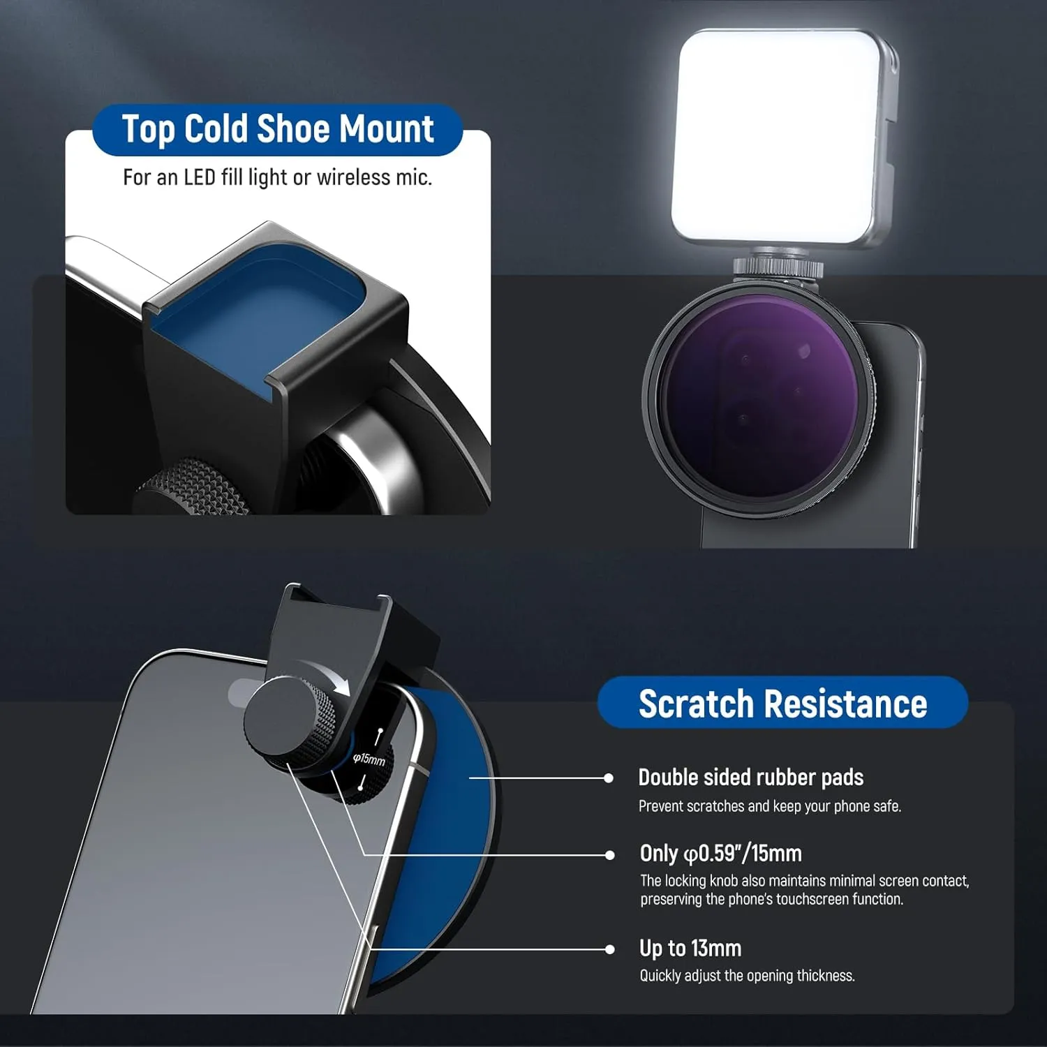NEEWER 67mm Clip On Variable ND2-32 Phone Lens Filter Kit, Phone Clip w/Threaded Adapter Ring/Cold Shoe/Locking Knob, Variable ND Filter for iPhone 16 15 Pro Max Plus 14 13 Galaxy S22 S23 S24 Ultra