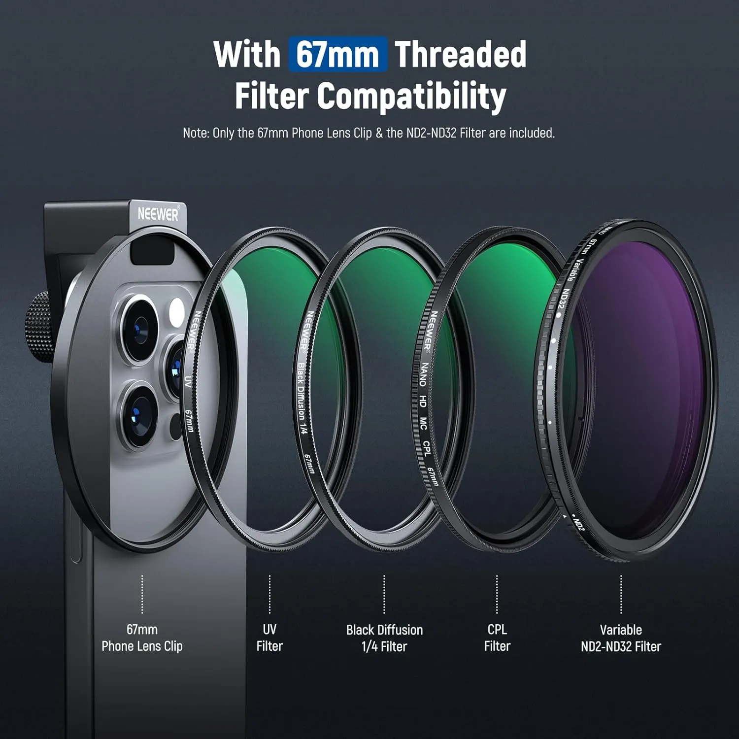 NEEWER 67mm Clip On Variable ND2-32 Phone Lens Filter Kit, Phone Clip w/Threaded Adapter Ring/Cold Shoe/Locking Knob, Variable ND Filter for iPhone 16 15 Pro Max Plus 14 13 Galaxy S22 S23 S24 Ultra