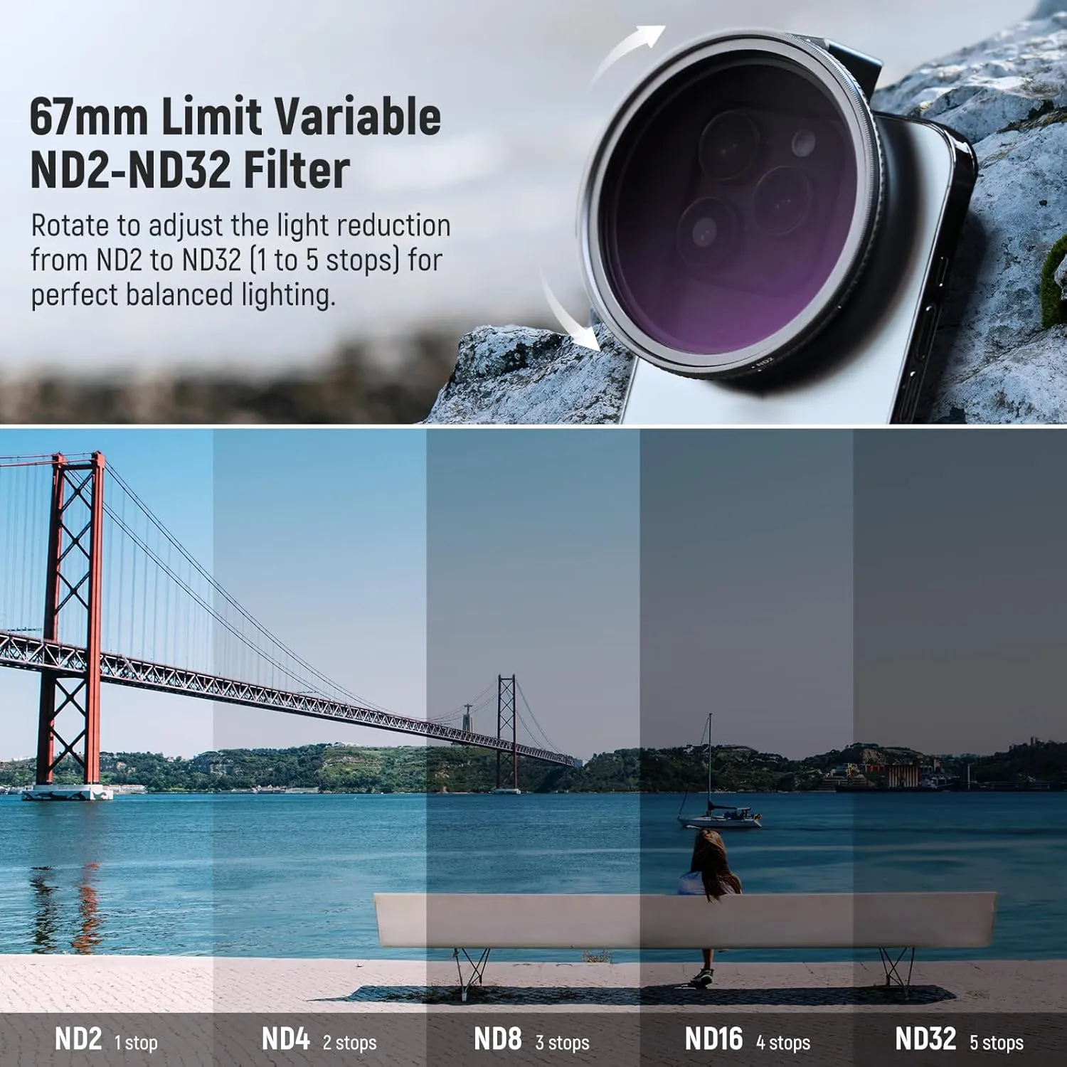 NEEWER 67mm Clip On Variable ND2-32 Phone Lens Filter Kit, Phone Clip w/Threaded Adapter Ring/Cold Shoe/Locking Knob, Variable ND Filter for iPhone 16 15 Pro Max Plus 14 13 Galaxy S22 S23 S24 Ultra