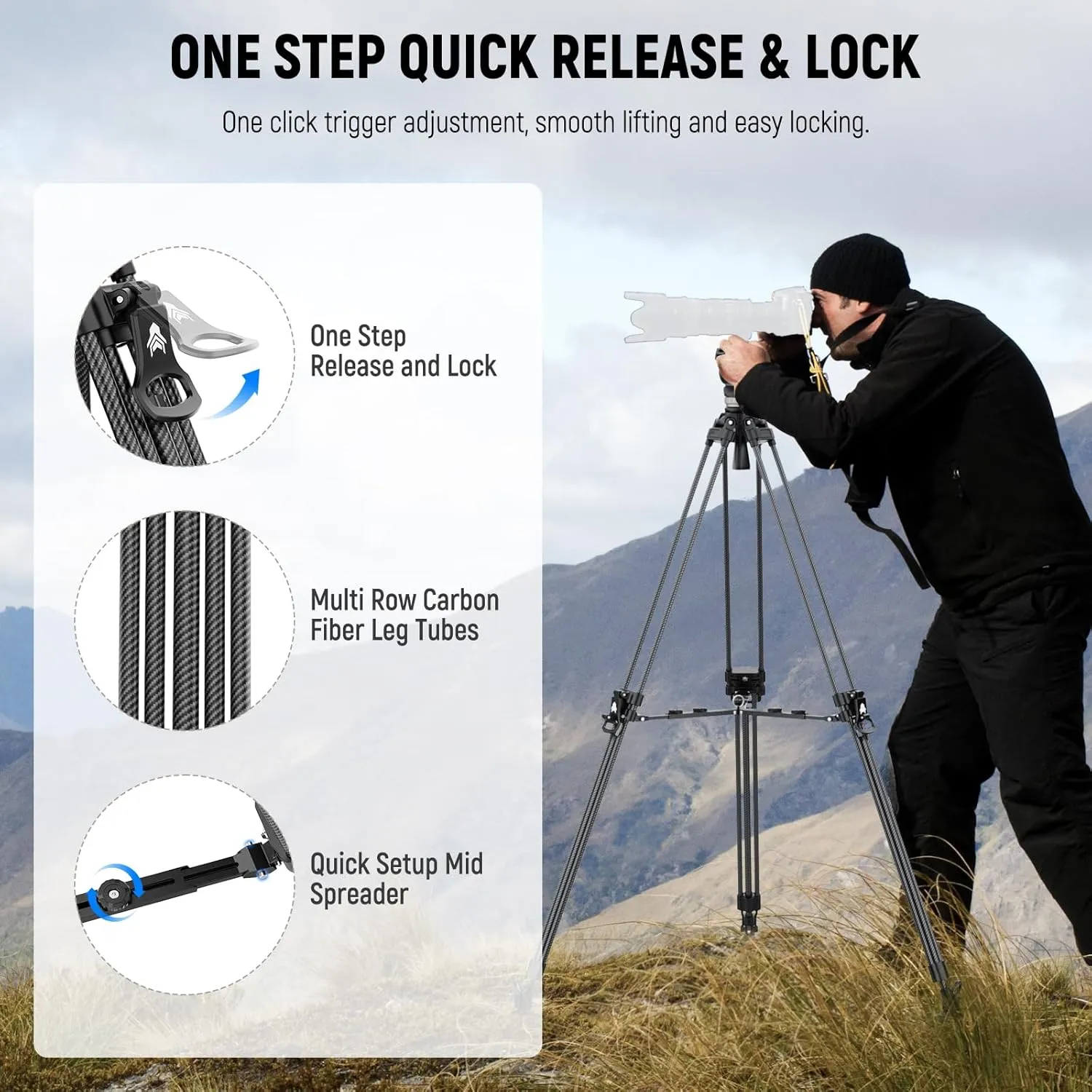 NEEWER 78" Carbon Fiber Video Tripod with Fluid Head, One Step Release Lock Tripod with 6 Level Dynamic Counterbalance, 4 Level Pan/Tilt Damping, Mid Spreader, Dual Mode QR Plate, Max Load 18lb, LL55