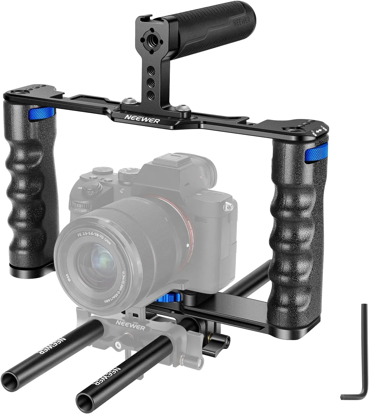 NEEWER Aluminum Alloy Camera Cage, Filmmaking Rig with Top Handle, Dual Grips & Arca Type Base, Compatible with Sony A7S III A7IV A6600 Canon EOS R5C R5 R6 DSLR/Mirrorless Cameras - VS107, Blue