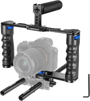 NEEWER Aluminum Alloy Camera Cage, Filmmaking Rig with Top Handle, Dual Grips & Arca Type Base, Compatible with Sony A7S III A7IV A6600 Canon EOS R5C R5 R6 DSLR/Mirrorless Cameras - VS107, Blue