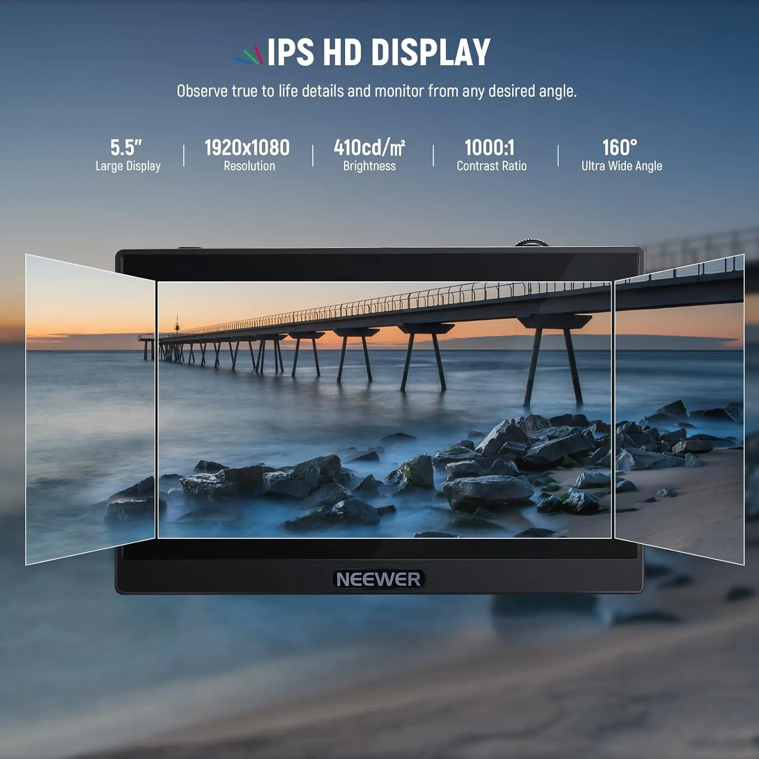 NEEWER F500 5.5 Inch Camera Field Monitor, HDR Touch Screen with 3D LUT, Waveform, Vector Scope, Full HD 1920x1080 IPS 4K HDMI Loop in/Out DSLR Video Peaking Focus Assist, Tilt Arm, Battery