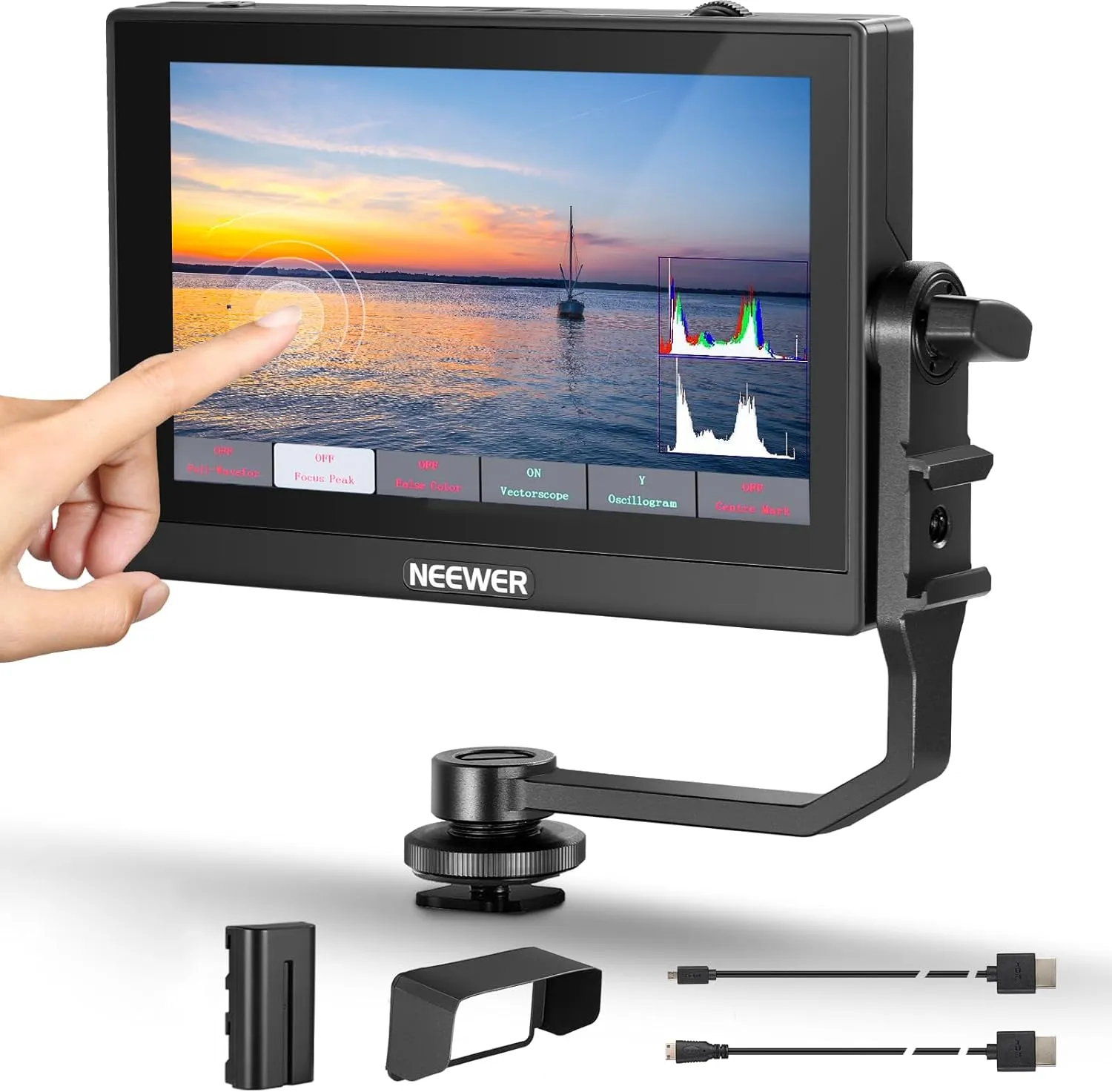 NEEWER F500 5.5 Inch Camera Field Monitor, HDR Touch Screen with 3D LUT, Waveform, Vector Scope, Full HD 1920x1080 IPS 4K HDMI Loop in/Out DSLR Video Peaking Focus Assist, Tilt Arm, Battery