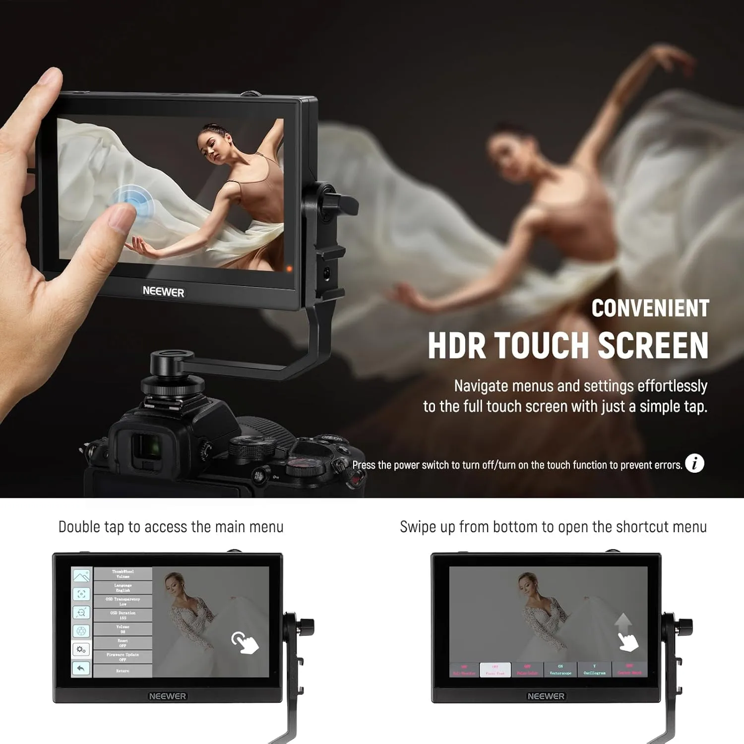NEEWER F500 5.5 Inch Camera Field Monitor, HDR Touch Screen with 3D LUT, Waveform, Vector Scope, Full HD 1920x1080 IPS 4K HDMI Loop in/Out DSLR Video Peaking Focus Assist, Tilt Arm, Battery