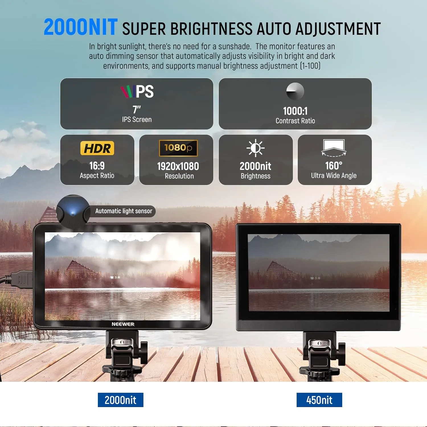 NEEWER F700 7" Camera Field Monitor, 2000nit HD 1920x1080 IPS Touch Screen with 3D LUT, 4K HDMI Loop in/Out with Peak Focus DSLR Video Assist HDR Waveform, Cold Shoe Mount, Battery Not Included