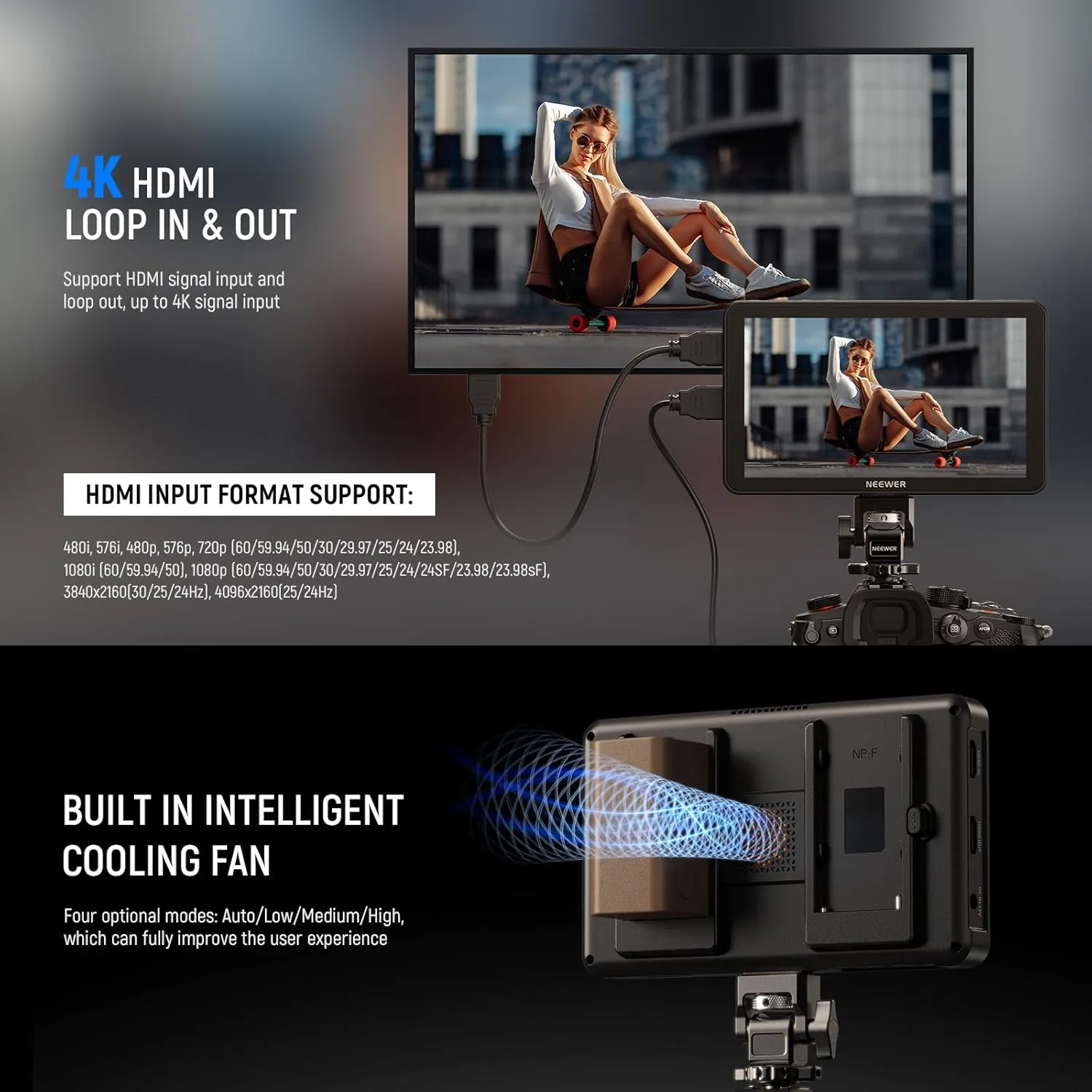 NEEWER F700 7" Camera Field Monitor, 2000nit HD 1920x1080 IPS Touch Screen with 3D LUT, 4K HDMI Loop in/Out with Peak Focus DSLR Video Assist HDR Waveform, Cold Shoe Mount, Battery Not Included