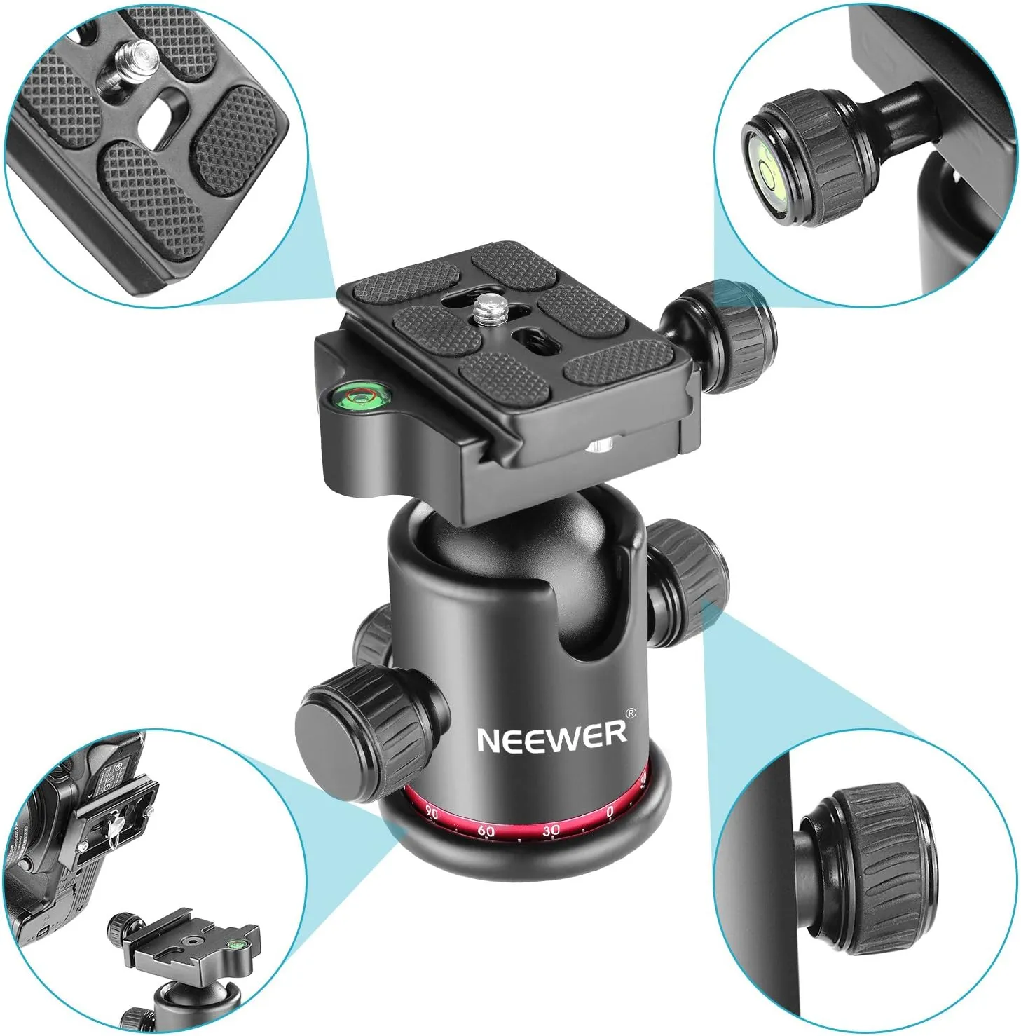 Neewer Professional Metal 360 Degree Rotating Panoramic Ball Head with 1/4 inch Quick Release Plate and Bubble Level,up to 17.6pounds/8kilograms,for Tripod,Monopod,Slider,DSLR Camera,Camcorder