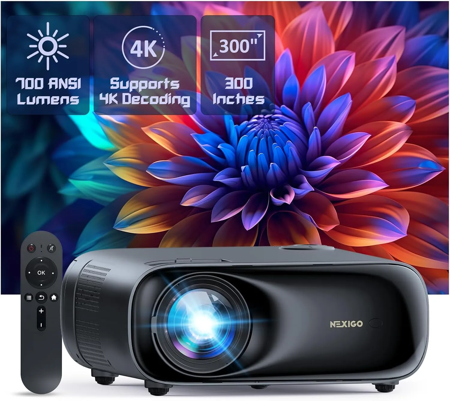NexiGo PJ40 (Gen 3) Projector with WiFi and Bluetooth, D65 Calibrated, Native 1080P, 4K Supported, Projector for Outdoor Movies, 20W Speakers, Home Theater, Compatible w/TV Stick, iOS, Android