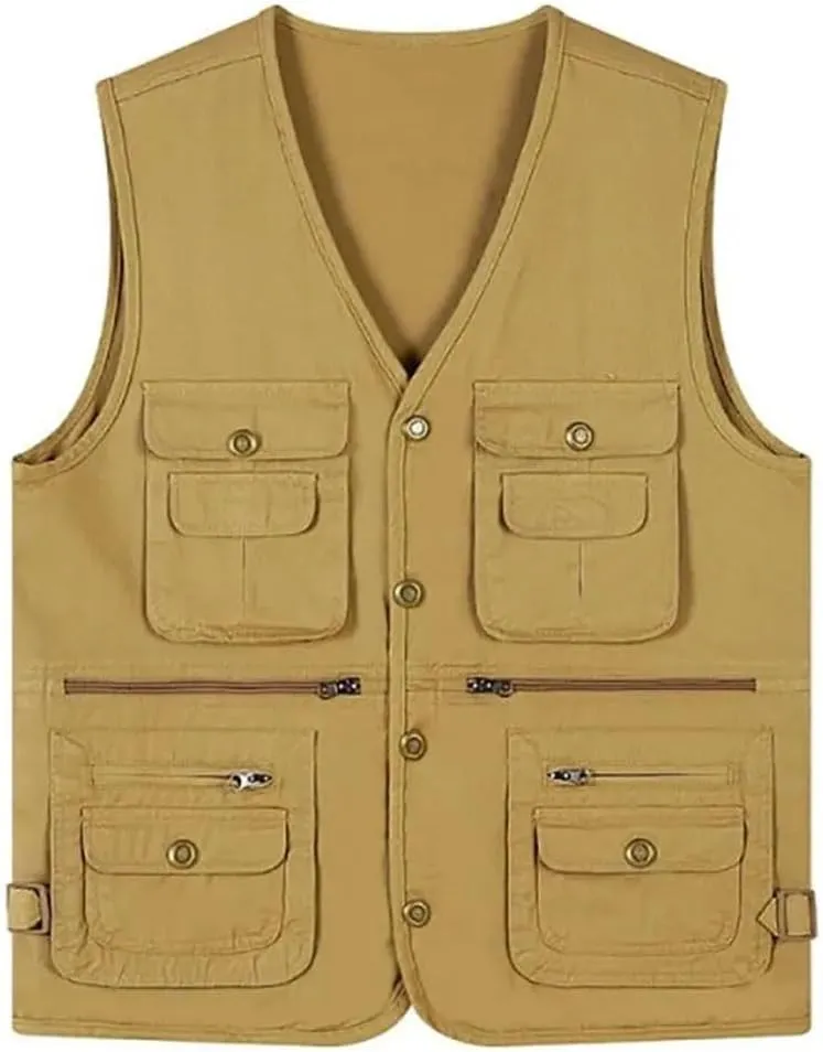 Niiyyjj Men's Outdoor Photography Vest Button Multi-Pocket Cargo Vest For Hiking Mountaineering Travel Waistcoat