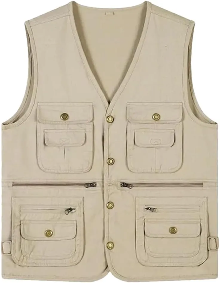 Niiyyjj Men's Outdoor Photography Vest Button Multi-Pocket Cargo Vest For Hiking Mountaineering Travel Waistcoat