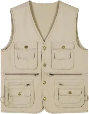 Niiyyjj Men's Outdoor Photography Vest Button Multi-Pocket Cargo Vest For Hiking Mountaineering Travel Waistcoat