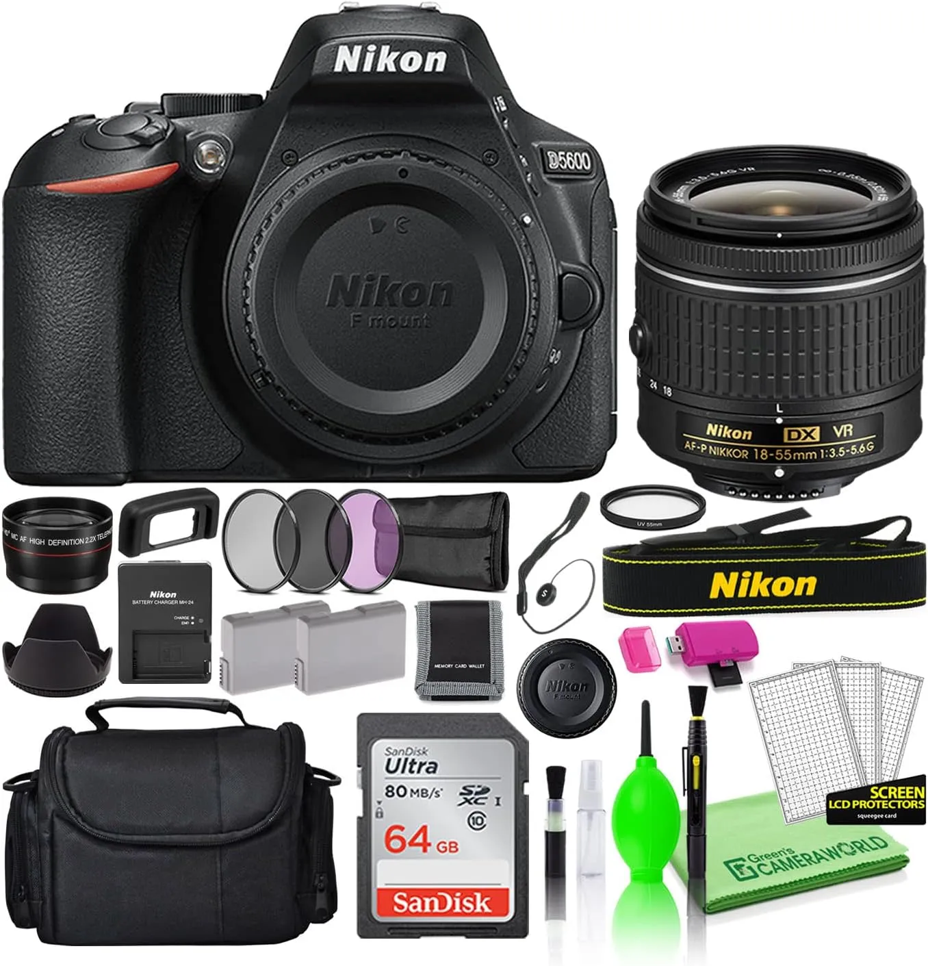 Nikon D5600 24.2MP DSLR Digital Camera with 18-55mm Lens (1576) Bundle Kit with 64GB Ultra SD Card   Large Camera Bag   Filter Kit   Spare Battery   Telephoto Lens   More