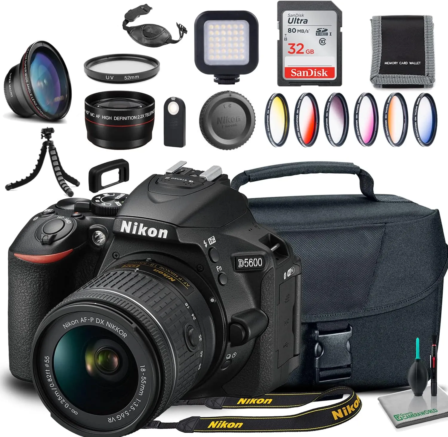 Nikon D5600 DSLR Camera with 18-55mm Lens (1576)   Camera Bag   Wide Angle Lens   55mm UV Filter   6-Piece Multi-Coated Graduated Filter Kit   SanDisk 32GB Ultra Memory Card   More (Renewed)