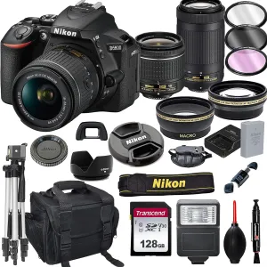 Nikon D5600 DSLR Camera with 18-55mm VR and 70-300mm Lenses   128GB Card, Tripod, Flash, and More (20pc Bundle)