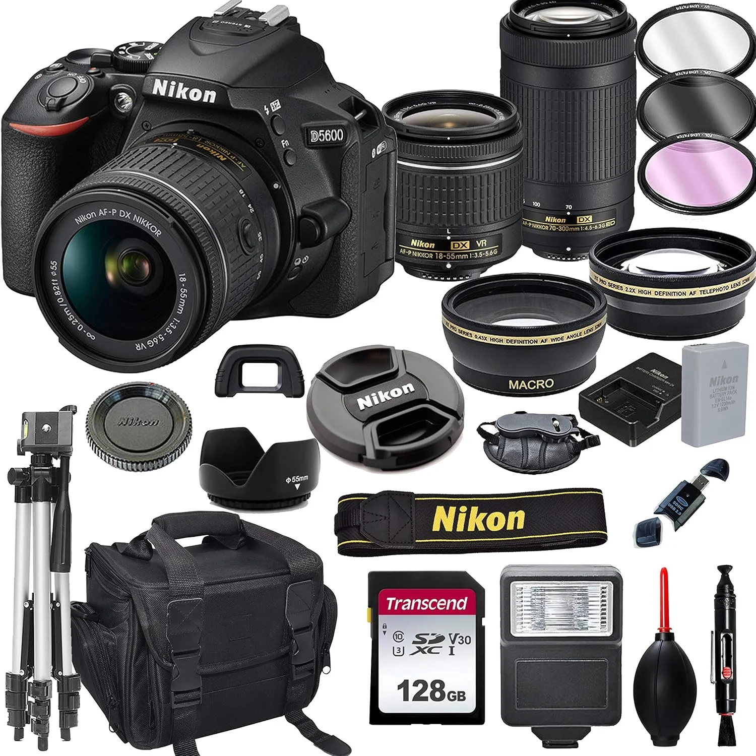 Nikon D5600 DSLR Camera with 18-55mm VR and 70-300mm Lenses   128GB Card, Tripod, Flash, and More (20pc Bundle)