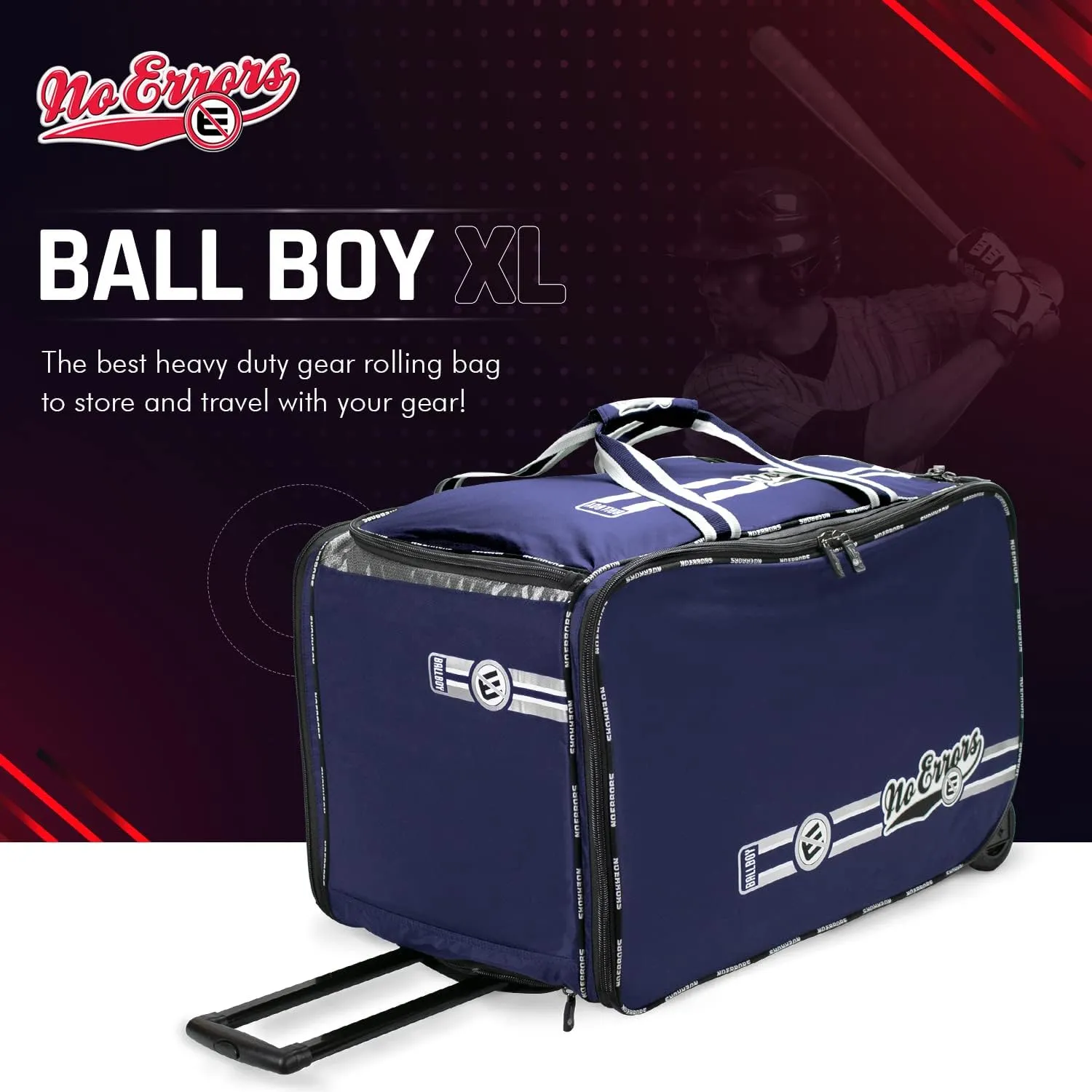 No Errors Ball Boy XL Wheeled Baseball Coaches Bag - Heavy Duty Baseball and Softball Bag for Coaches - Holds Two 6 Gallon Ball Buckets and Coaching Equipment