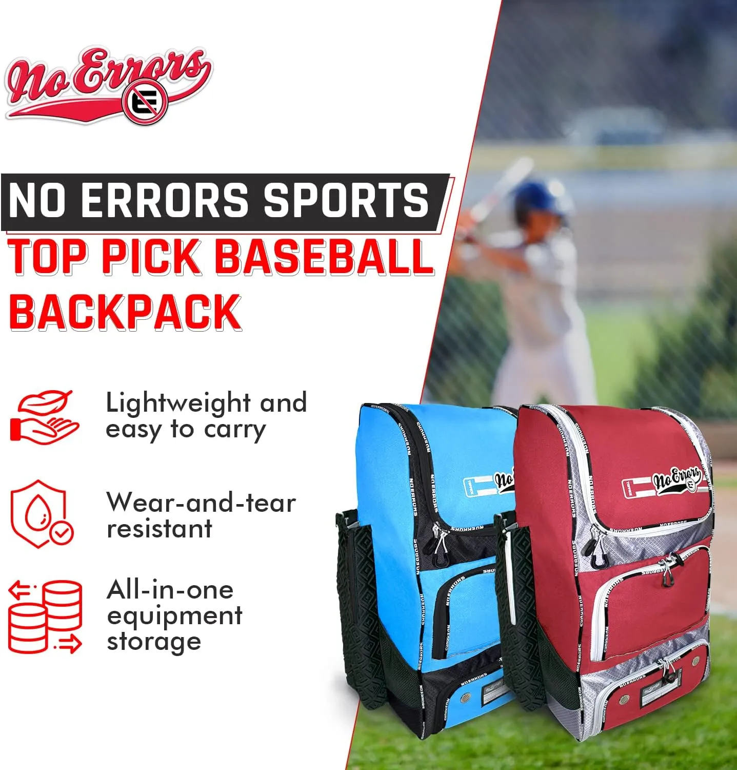No Errors Top Pick Baseball Backpack for Kids - Heavy Duty Youth Baseball and Softball Bag with Fence Hooks - Dual Glove and Bat Compartments