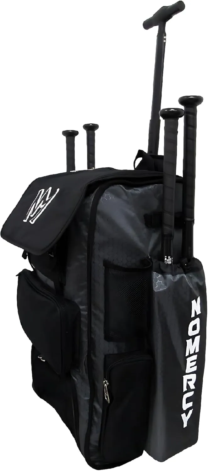 No Mercy Baseball 4 Bat Bag with Heavy-Duty Rolling Wheels for Travel Games and Practice Play, Youth and Adult Equipment Storage Tote for Balls, Gloves, Accessories (Black)