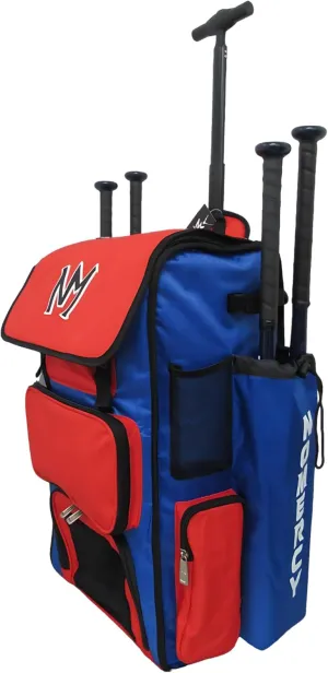 No Mercy Baseball 4 Bat Bag with Heavy-Duty Rolling Wheels for Travel Games and Practice Play, Youth and Adult Equipment Storage Tote for Balls, Gloves, Accessories (Blue/Red)