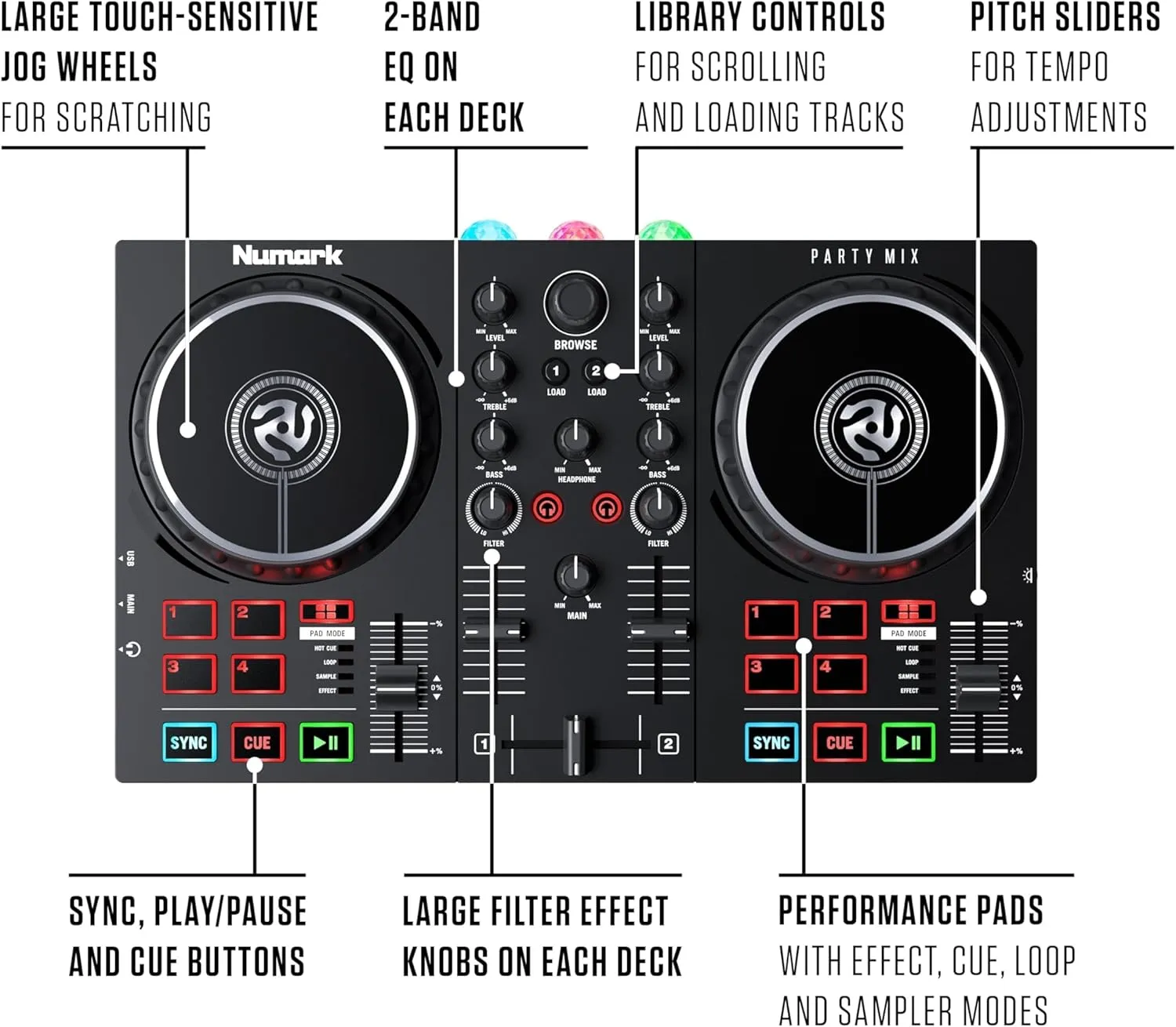 Numark Mix II Controller Set for Beginners with Built-in Party Lights Mixer for Serato DJ Lite and Algoriddim djay Pro AI