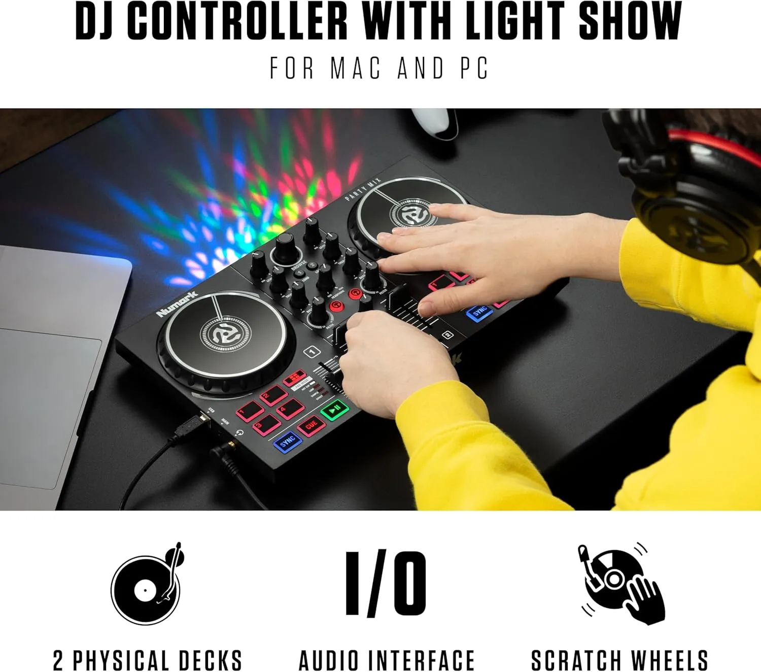 Numark Mix II Controller Set for Beginners with Built-in Party Lights Mixer for Serato DJ Lite and Algoriddim djay Pro AI