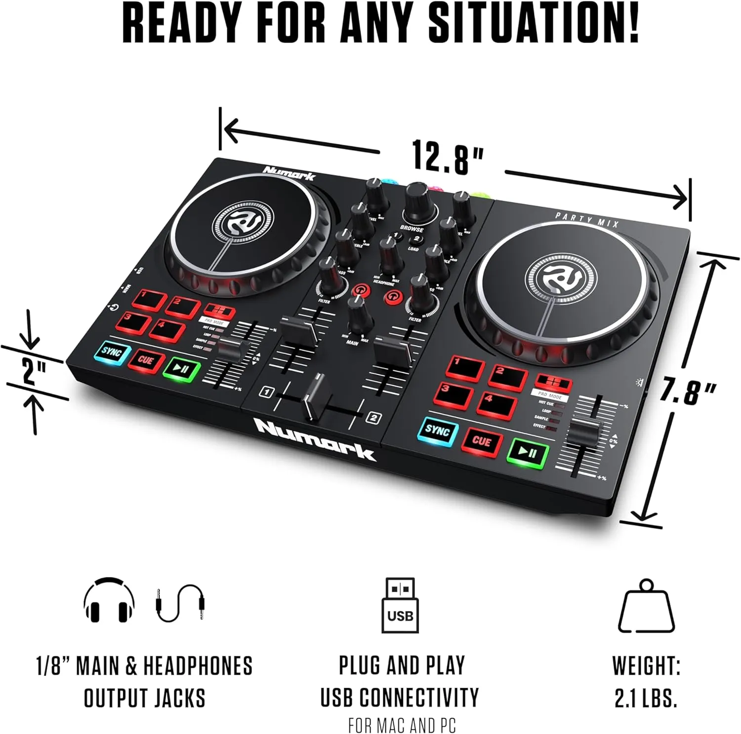 Numark Mix II Controller Set for Beginners with Built-in Party Lights Mixer for Serato DJ Lite and Algoriddim djay Pro AI