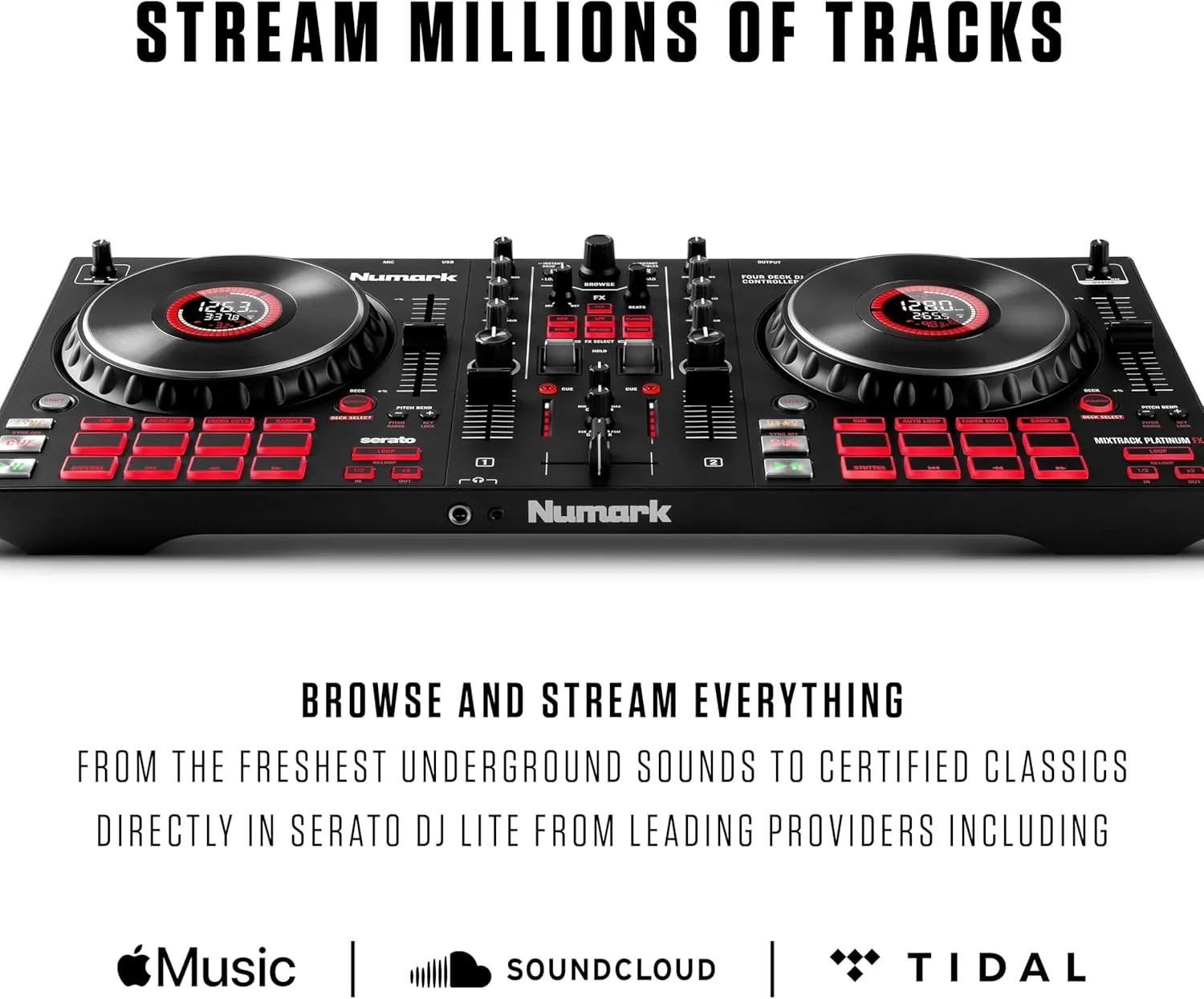 Numark Mixtrack Platinum Serato Control, DJ Mixer, Built-in Audio Interface, FX Paddles, 4 Decks   Jog Wheel Displays