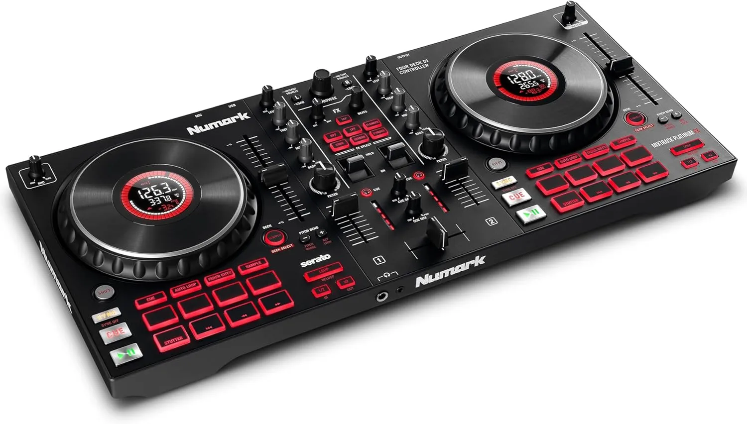 Numark Mixtrack Platinum Serato Control, DJ Mixer, Built-in Audio Interface, FX Paddles, 4 Decks   Jog Wheel Displays