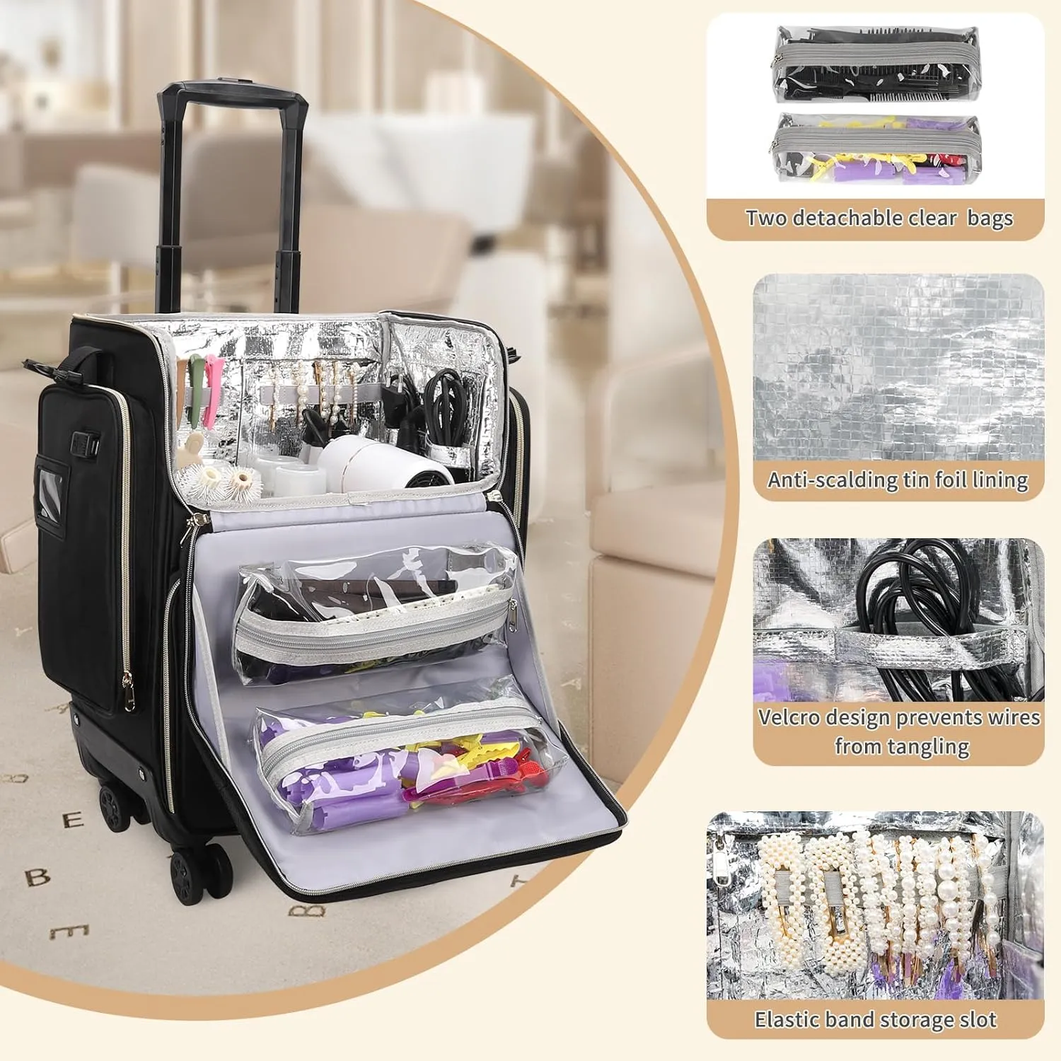 OCHEAL Hairstylist Traveling Case with a Large Makeup Travel Bag for Hairstylist, Hairdresser Bag with Detachable Pouch,360° Rotatable Wheelsfor Hairdressing Tool Organizer