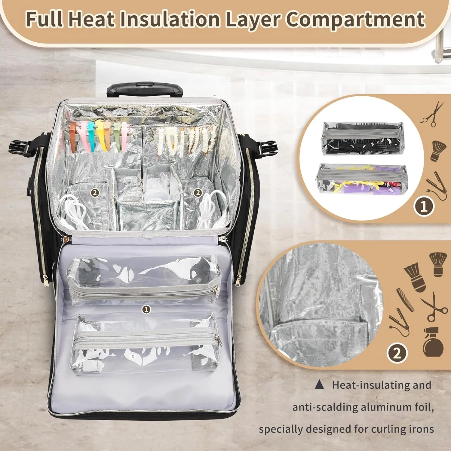 OCHEAL Hairstylist Traveling Case with a Large Makeup Travel Bag for Hairstylist, Hairdresser Bag with Detachable Pouch,360° Rotatable Wheelsfor Hairdressing Tool Organizer