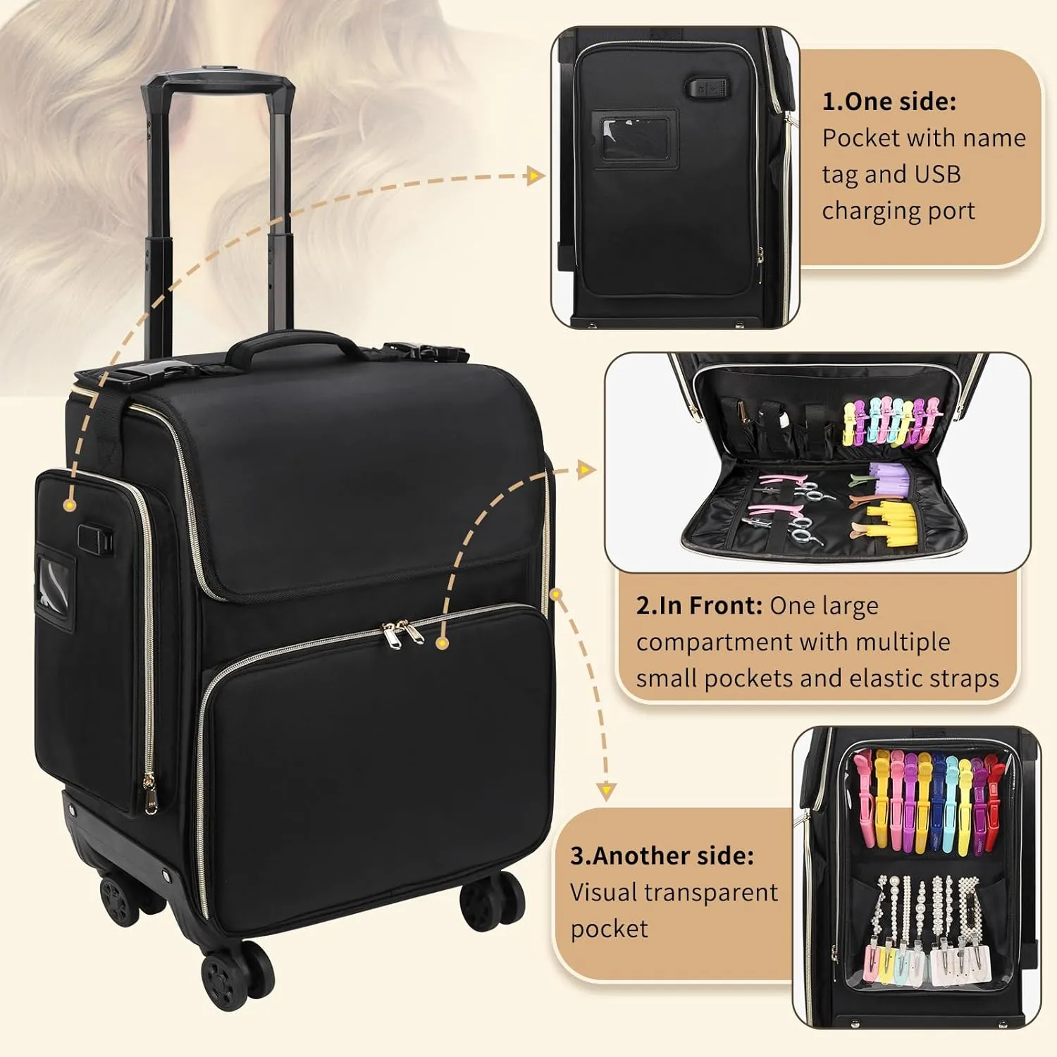 OCHEAL Hairstylist Traveling Case with a Large Makeup Travel Bag for Hairstylist, Hairdresser Bag with Detachable Pouch,360° Rotatable Wheelsfor Hairdressing Tool Organizer