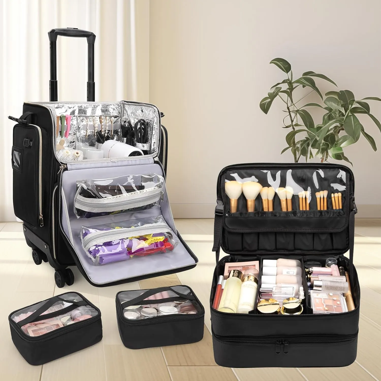 OCHEAL Hairstylist Traveling Case with a Large Makeup Travel Bag for Hairstylist, Hairdresser Bag with Detachable Pouch,360° Rotatable Wheelsfor Hairdressing Tool Organizer