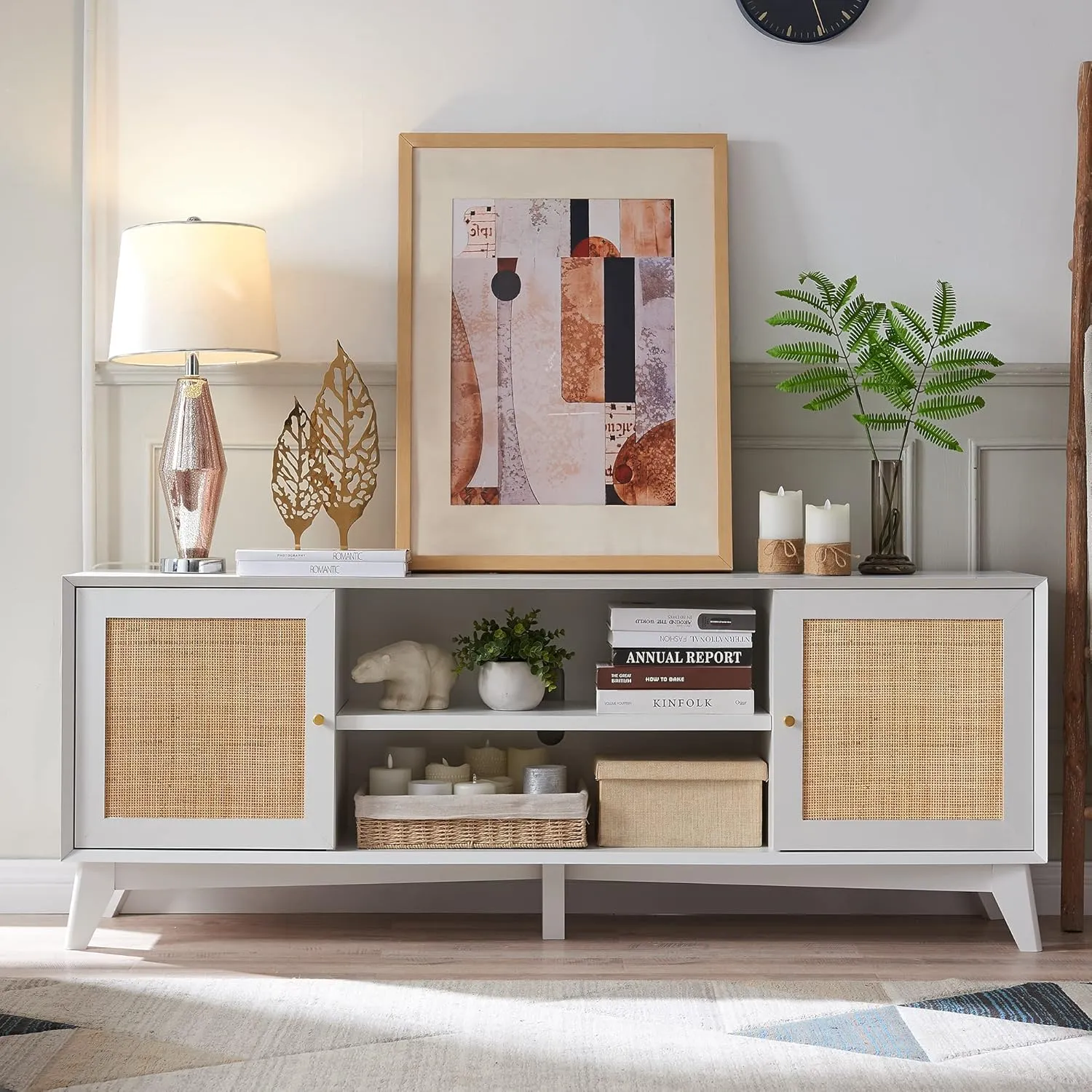 OKD TV Stand for 75  Inch TV, Mid Century Modern Entertainment Center with Natural Rattan Door, Storage Shelves, Long Boho Media TV Console, Long Television Stand for Living Room, White