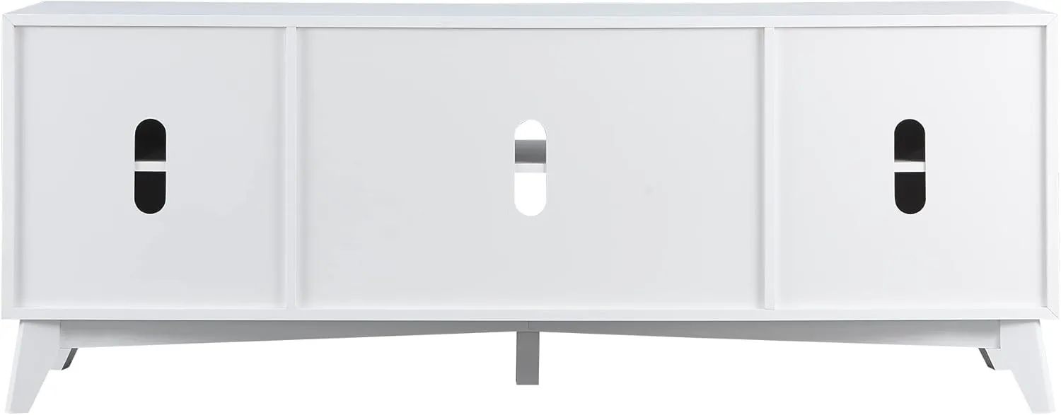 OKD TV Stand for 75  Inch TV, Mid Century Modern Entertainment Center with Natural Rattan Door, Storage Shelves, Long Boho Media TV Console, Long Television Stand for Living Room, White
