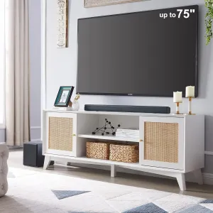 OKD TV Stand for 75  Inch TV, Mid Century Modern Entertainment Center with Natural Rattan Door, Storage Shelves, Long Boho Media TV Console, Long Television Stand for Living Room, White
