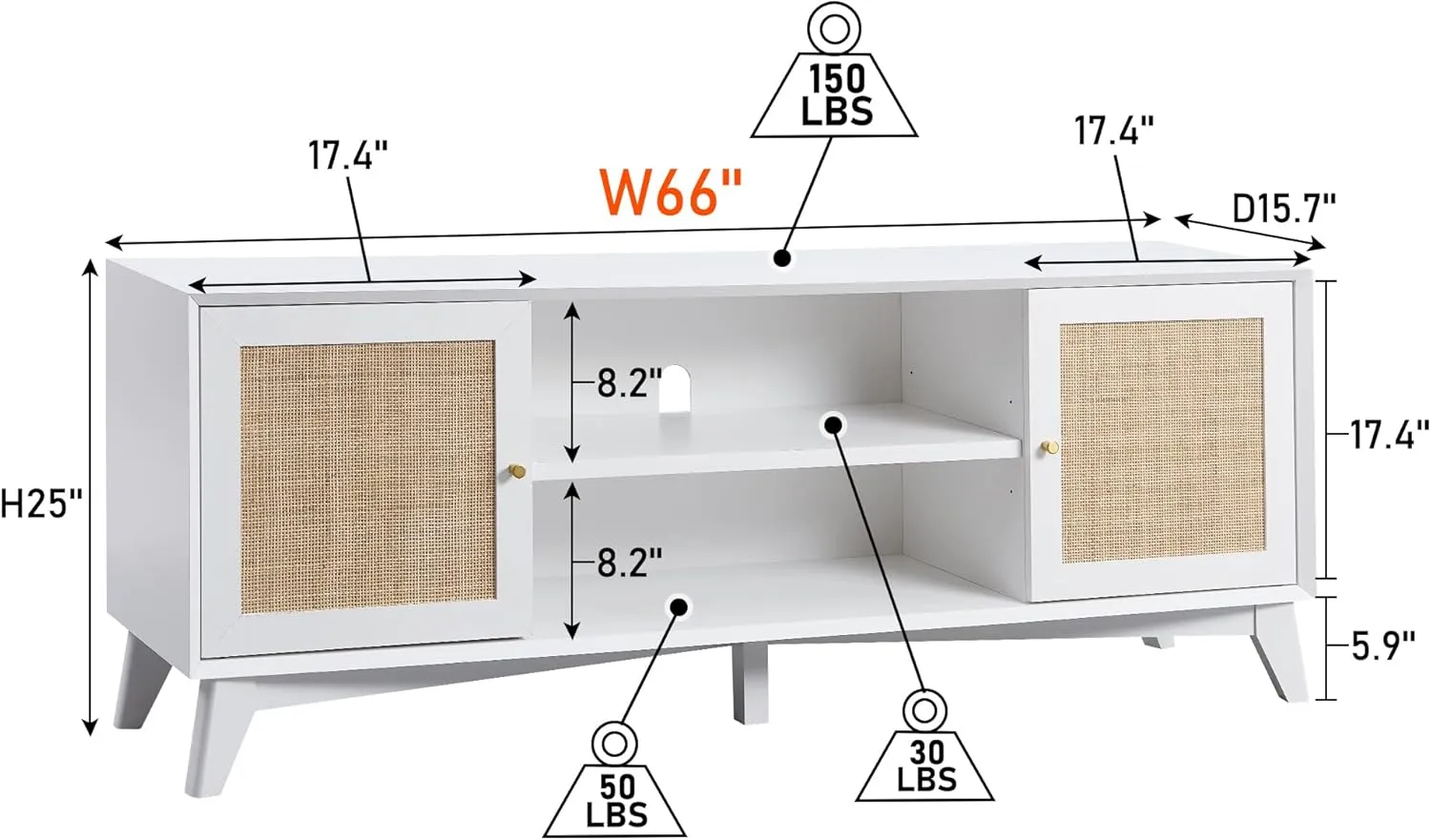 OKD TV Stand for 75  Inch TV, Mid Century Modern Entertainment Center with Natural Rattan Door, Storage Shelves, Long Boho Media TV Console, Long Television Stand for Living Room, White