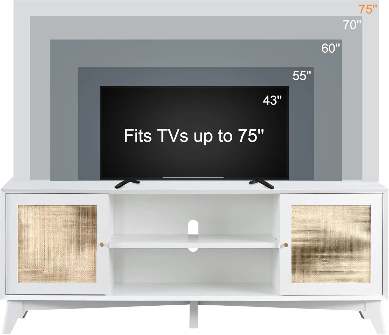 OKD TV Stand for 75  Inch TV, Mid Century Modern Entertainment Center with Natural Rattan Door, Storage Shelves, Long Boho Media TV Console, Long Television Stand for Living Room, White