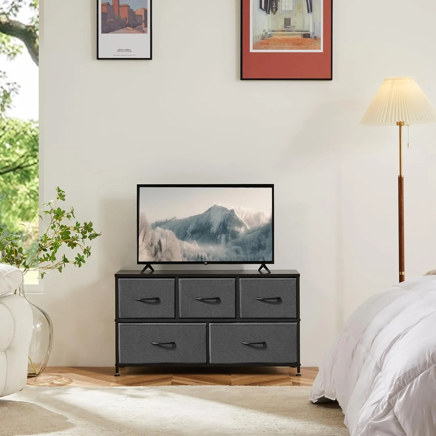OLIXIS Dresser for Bedroom, 5 Storage Drawers, Wide Fabric Closet Chests Organizer Tower Furniture, TV Stand with Wooden Top Metal Frame for Clothes, Living Room, Hallway, Entryway, Classic Grey