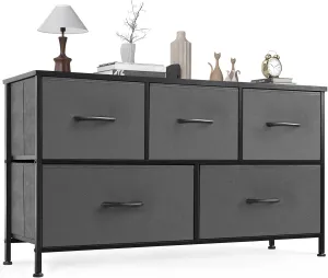 OLIXIS Dresser for Bedroom, 5 Storage Drawers, Wide Fabric Closet Chests Organizer Tower Furniture, TV Stand with Wooden Top Metal Frame for Clothes, Living Room, Hallway, Entryway, Classic Grey